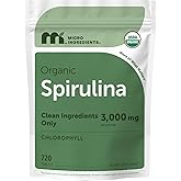 Micro Ingredients Organic Spirulina Supplement, 720 Tablets (4 Month Supply), No Filler &amp; Non-GMO, Rich in Vegan Protein, Vitamins &amp; Prebiotics, Premium Spirulina Pills