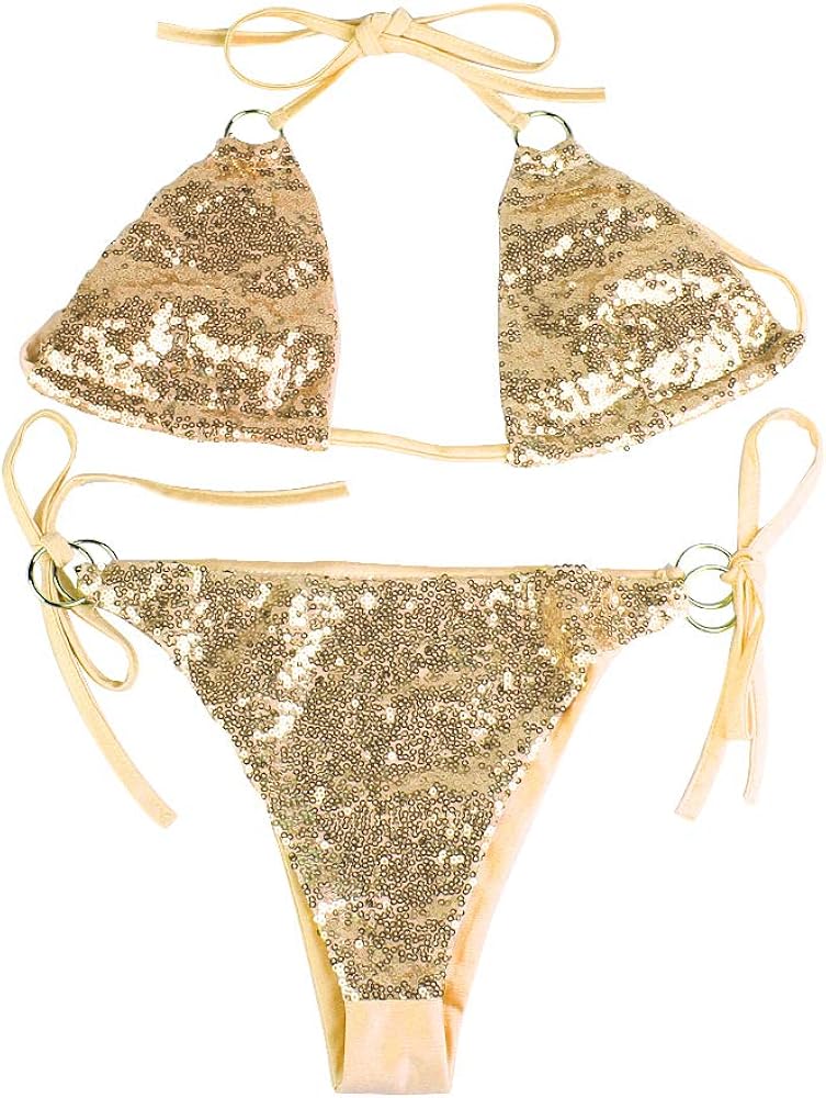 Women's Sparkle Swimsuit 2 Pieces Shiny Sequin Sexy Beachwear Halter