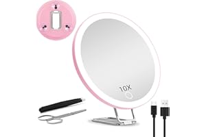 JJHXR 10X Magnifying Mirror with Light, 10X Magnifying Makeup Mirror, Lighted Makeup Magnification Mirror with 360° Adjustable Stand & Suction Cup, Portable Travel Magnifying Mirror, 6inch Magnifying Mirror