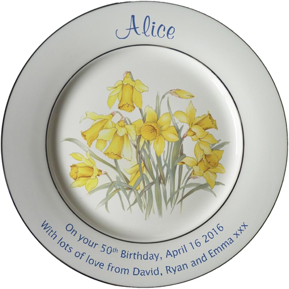 Heritage Pottery Personalized Bone China Commemorative Plate for A 50th Birthday - Daffodils Design with 2 Gold Bands