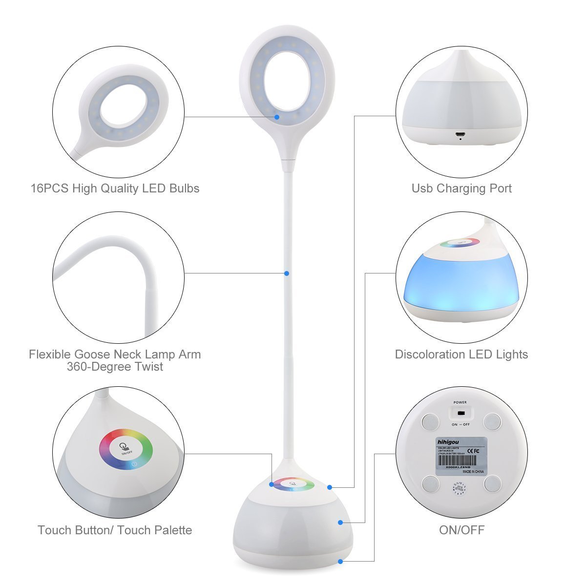 HIHIGOU Adjustable USB Rechargeable 3 Level Dimmable LED Desk Table Lamp Light with Living Color Changeable Base Touch Switch Portable and Flexible Bedside Reading Study Office Kids Student Lamp,White