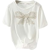 SweatyRocks Girl's Beaded Sequin Bow T Shirts Short Sleeve Crewneck Cute Trendy Tee Tops
