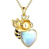 AINFQY Bee Necklace 925 Sterling Silver Love Moonstone Pendant Necklace Bee Jewelry Gifts for Women