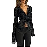 GORGLITTER Women's Bell Sleeve Tie Front Y2K Tops Classy Cute Sheer Going Out Gothic Concert Mesh Long Sleeve Crop Tops