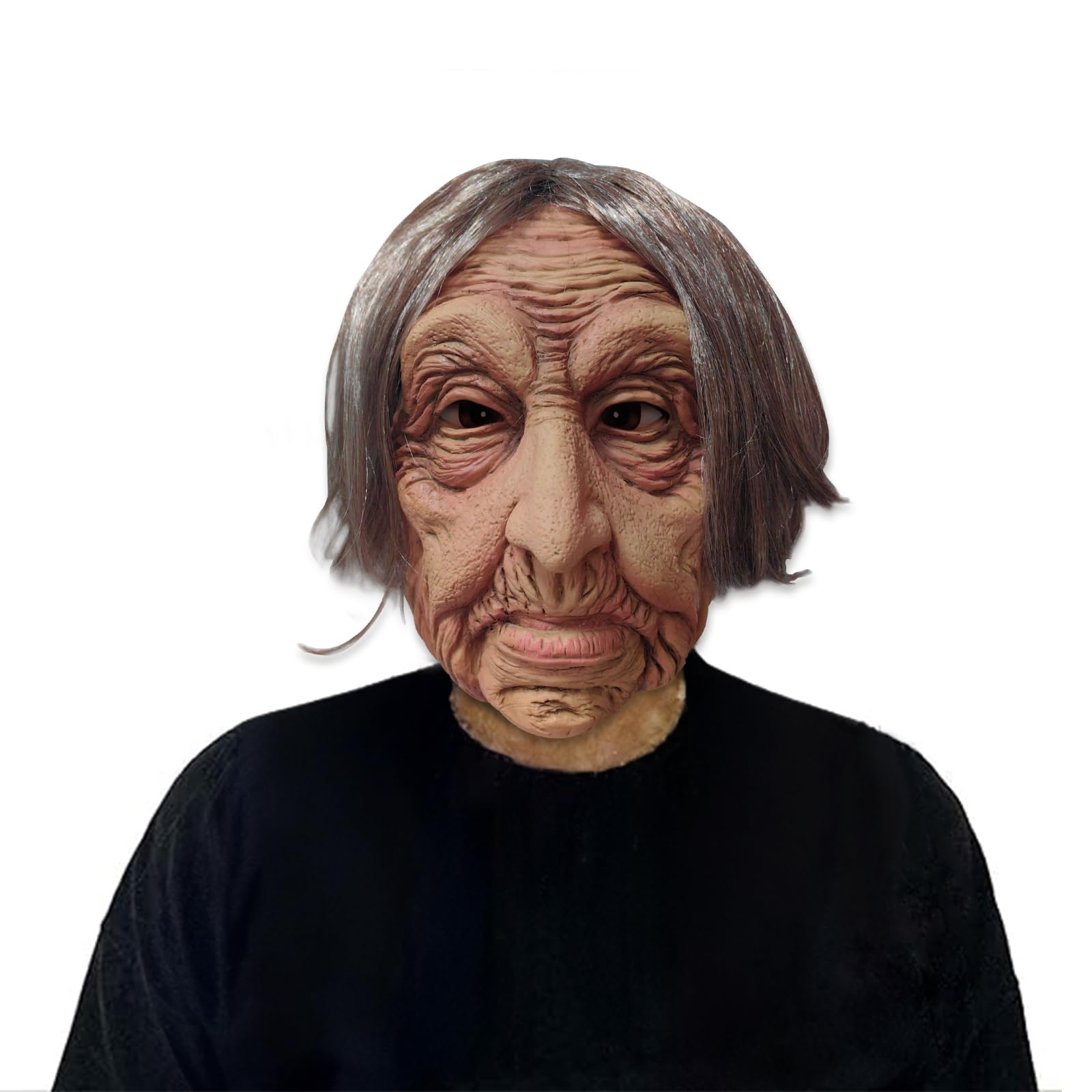 OPAHUTER Halloween Mask - Realistic Latex Scary Old Lady Witch Mask with Hair, Exorcist Smile for Men Women Cosplay Costume Party