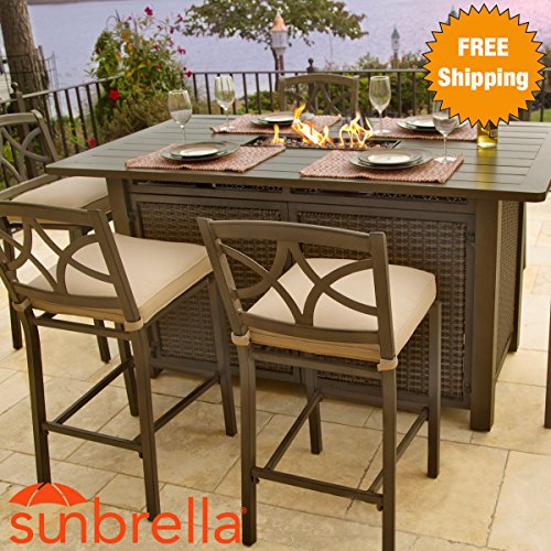 5 Piece Outdoor Bar Height Firepit Patio Furniture Set 4 Stools