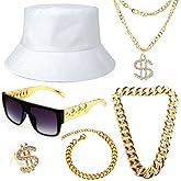 Gionforsy Hip Hop Costume Kit 80s 90s Rapper Accessories Bucket Hat Sunglasses Gold Chain Bracelet Ring