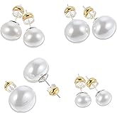4 Pairs Pearl Studs Pearl Earrings Studs Imitationpearl Silver Earring Stud Flat Round Large Size Pearls Earrings for Women Wedding Engagement Halloween 8、10、12、14mm Set