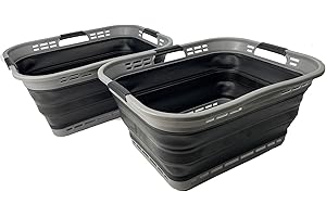 SAMMART Set of 2 Collapsible Plastic Storage Basket - Foldable Pop Up Storage Container - Portable Laundry Organizer - Space Saving Hamper (Grey/Black, 42L (Style A))