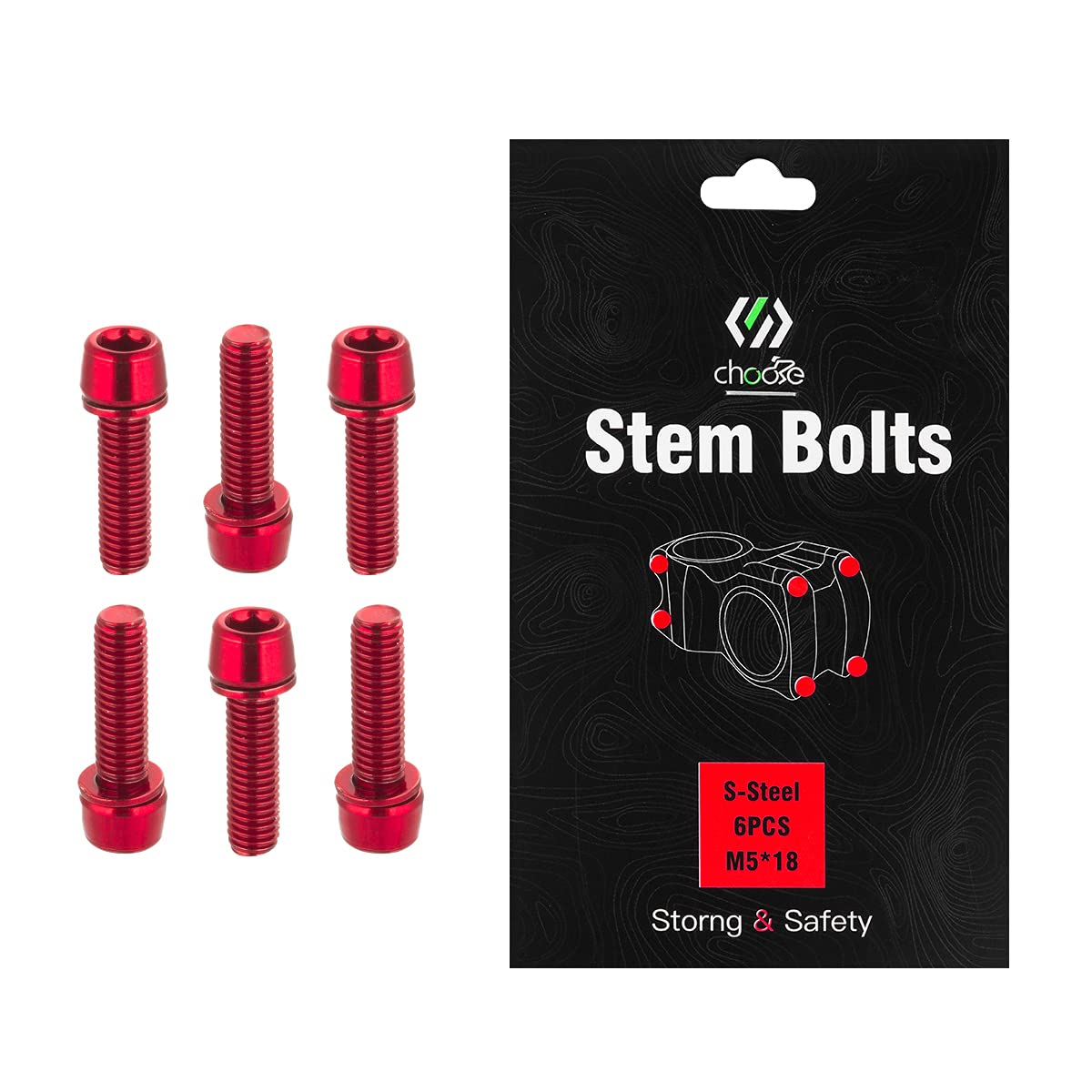 Chooee Bike Stem Bolts 6PCS, M5 x 18mm Stem Bolts Screw For MTB/Mountain Bike/Road Bicycle Red