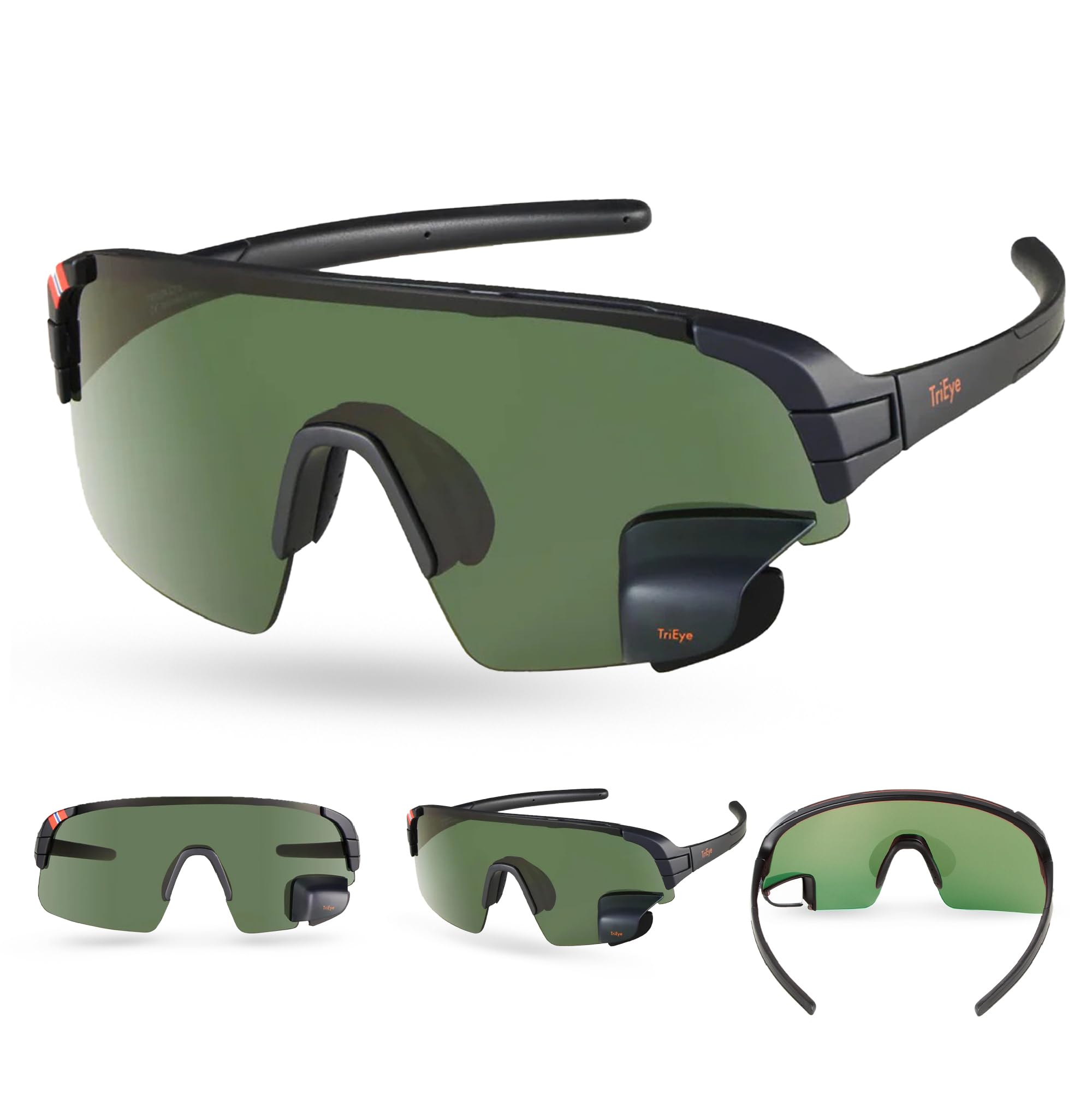 Photo 1 of TriEye Cycling Glasses with Rear View Mirror – Polarized Bike Glasses for Men & Women – Scratch-Resistant Clear & Green Lenses – Rearview Safety Glasses for Cycling, Road, and Trail (Polarized Smoke)