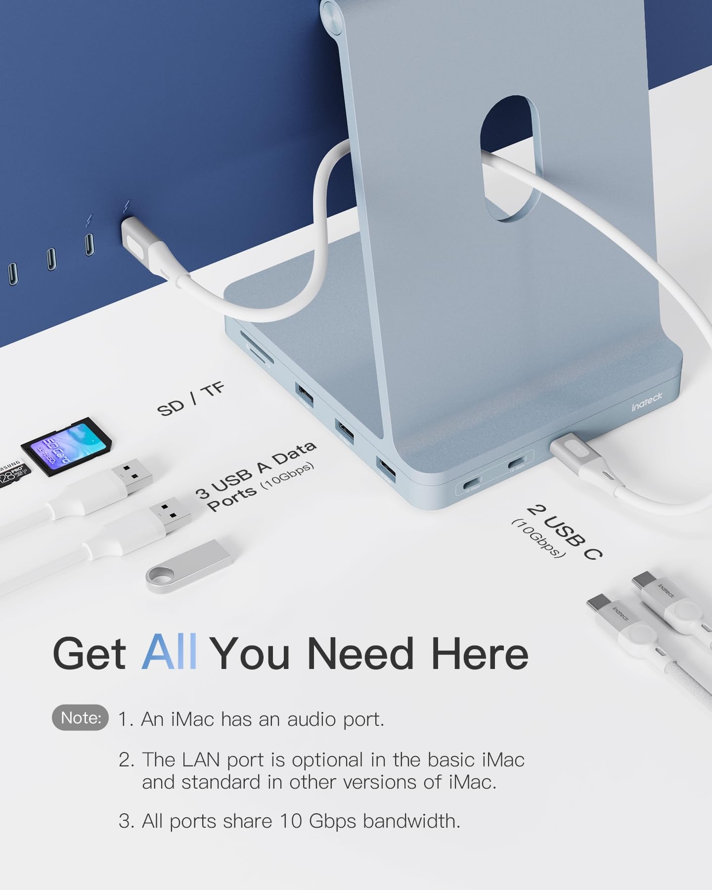 Inateck USB C Hub für iMac, Dockingstation Kompatibel mit iMac 24 Zoll 2021/2023, USB 3.2 Gen 2, 8-in-1 Aluminium USB Hub mit NVMe SSD Gehäuse, USB C 10 Gbit/s und SD/TF Kartenleser, DK2001 2