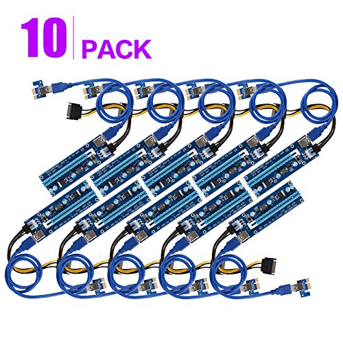 SHINESTAR PCIe Risers ( 10 Pack ), GPU Riser Card, PCI Express 1X to 16X Extender, Mining Graphics Card USB 3.0 Extension & 6pin MOLEX to SATA Power Cable for Ethereum Bitcoin Litecoin Ubit Device