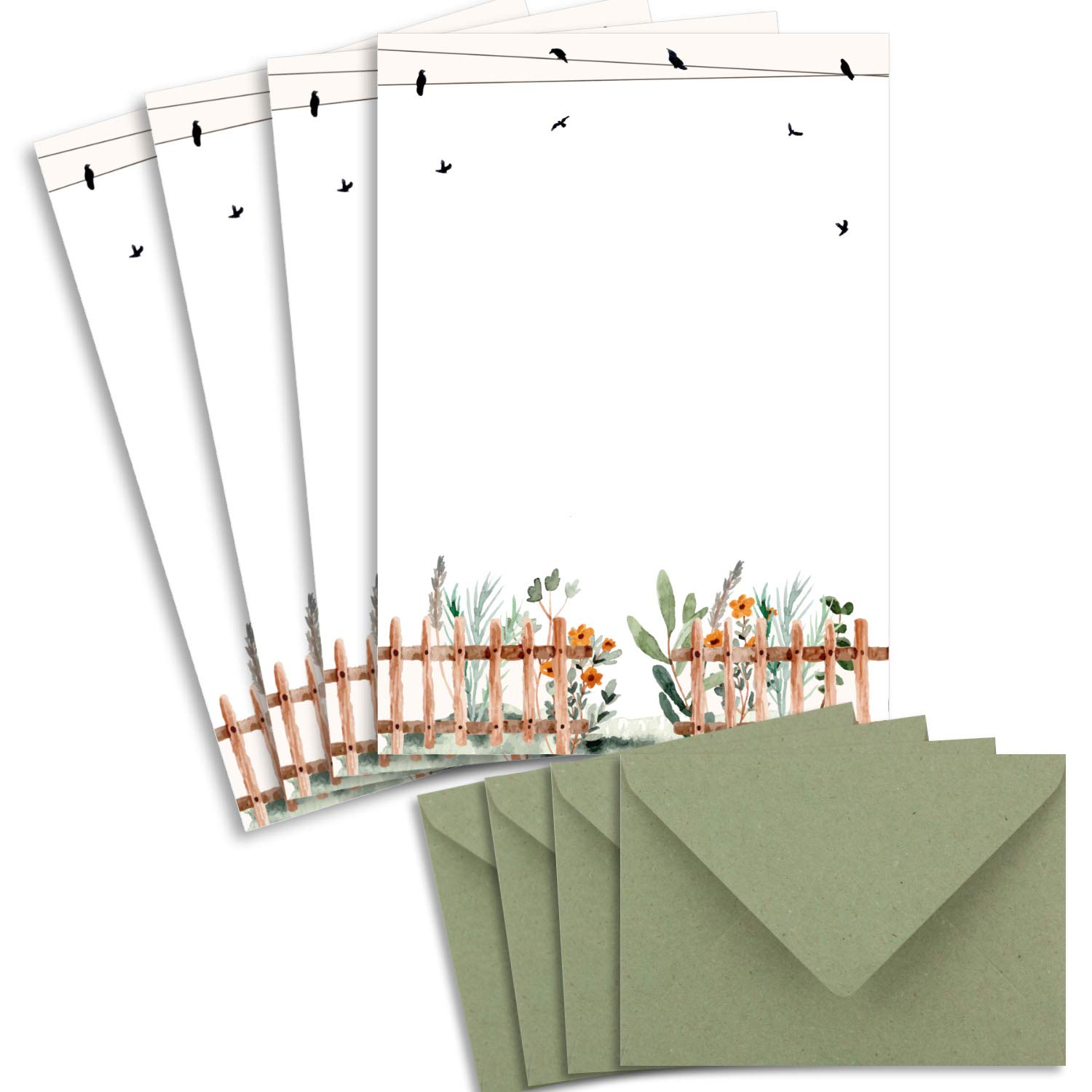 25 Sets of Letter Paper DIN A4 – Natural Paper in Cream with Flower Garden – with Envelopes DIN C6 in Kraft Paper Green Letter Paper – Printable – Ideal for Wedding Invitations