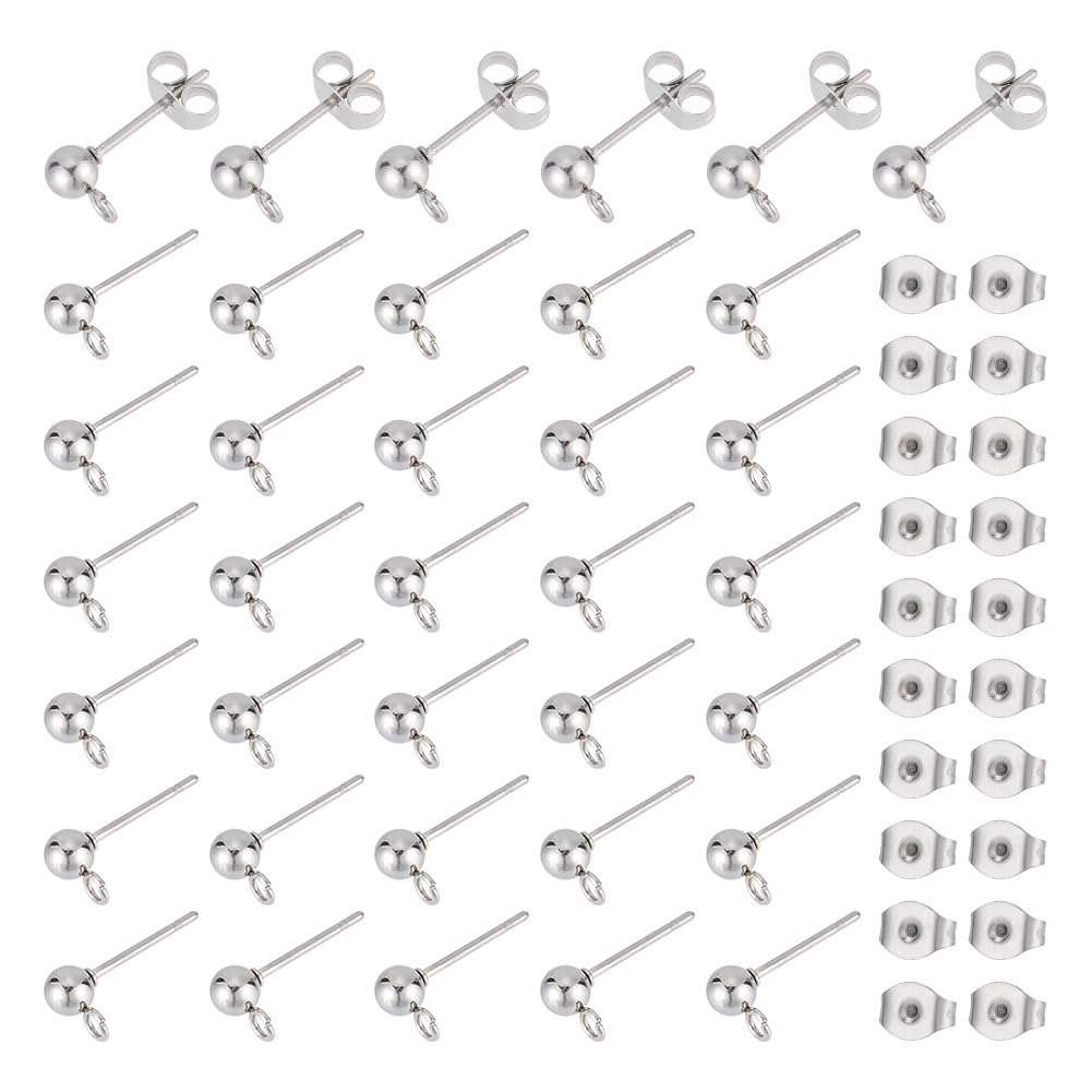 UNICRAFTALE 100pcs Stainless Steel Stud Earrings 0.8mm Pin Ball Ear Studs Components with Open Loop Ball Stud Earring with Earring Backs Jewelry Findings for Earring Making Ball Post Earring