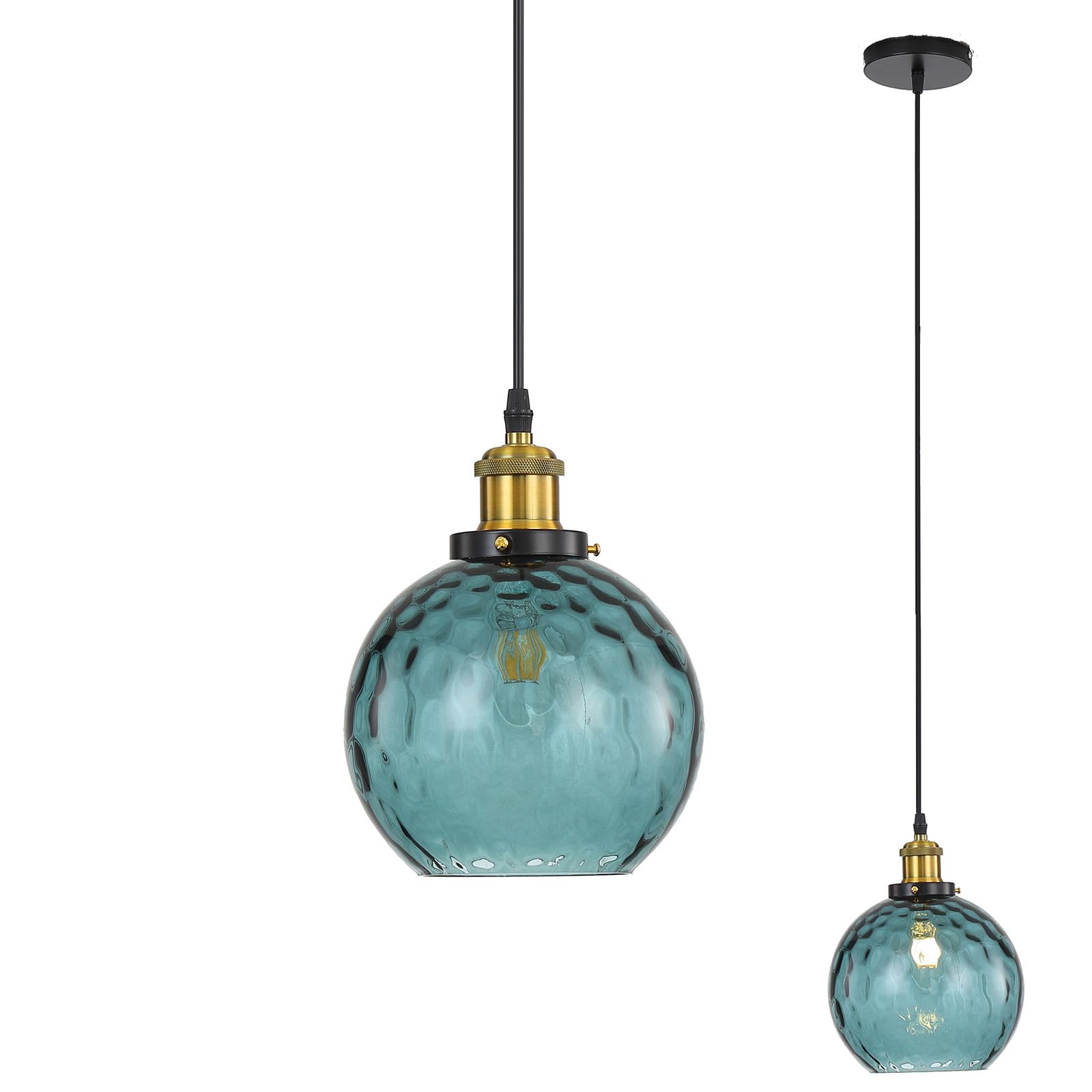 LFsem Vintage Spherical Glass Pendant Light, Stained Globe Glass Shade, E27 Bronze Base, Industrial Ceiling Pendant Lamp for Bedroom, Dining Room & Kitchen (Blue, 15cm)
