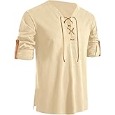 Men's Pure Cotton Shirt Retro Lace Up V-Neck Button Arm Shirts Medieval Viking Pirate Renaissance Costume