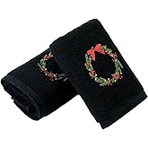 Absnuopt Black Hand Towel Set of 2 Christmas Wreath Embroidered Ultra Absorbent 100% Cotton Super Soft Winter Holiday Decorative Luxury Guest Bathroom Hand Towels Elegant Wreath Welcome 13 x 29 Inch