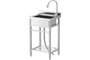 Commercial Stainless Steel Utility Basin - Freestanding Single Bowl with Hot & Cold Pull-Out Faucet, Storage Shelf, NSF Certi
