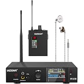 Wireless In-Ear Monitor System, Pro UHF Stereo IEM for Musicians with Metal Transmitter &amp; Rechargeable Receiver, 10 Selectable Frequencies, TFT display, 164 ft Range for Studio, Band, and Stage