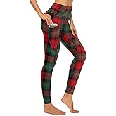QIVICIMA Womens High Waist Workout Leggings Halloween Christmas Gym Plaid Printed Tummy Control Yoga Pants with Pockets