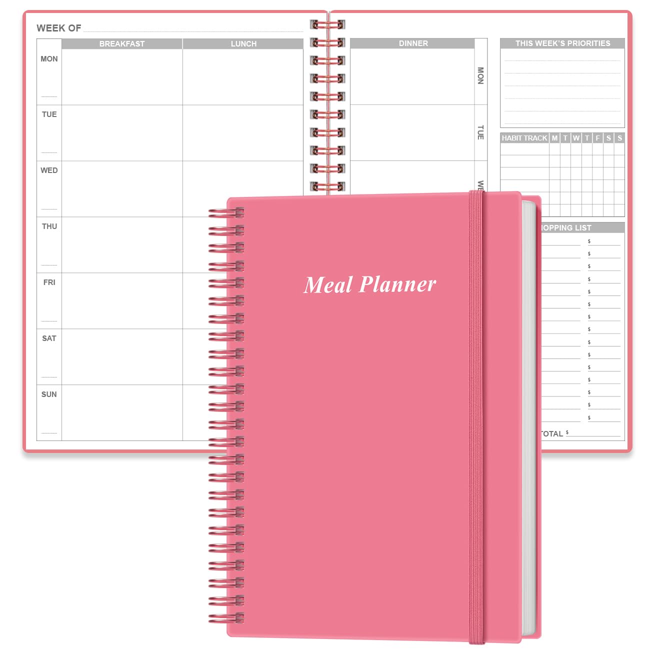 Weekly Meal Planner - A5 Weekly & Daily Meal Prep Journal with Shopping and Grocery Lists for Menu Planning, 93 Sheets/186 Pages Healthy Diet & Weight Loss Tracking, Undated, 52 Weeks, Pink