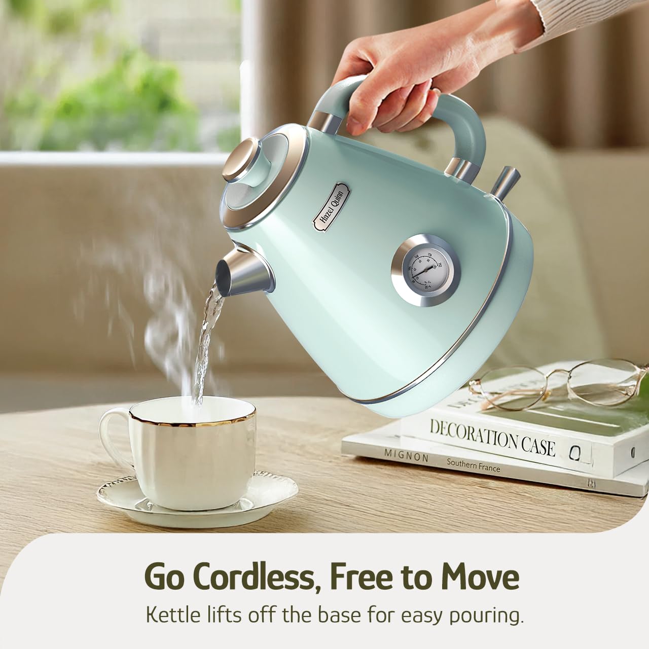 Hazel Quinn Hervidor eléctrico retro - Tetera de 1,7 litros / 57,5 ​​onzas con termómetro, totalmente de acero inoxidable, 1200 vatios de ebullición rápida, sin BPA, inalámbrico, apagado automático - Verde menta