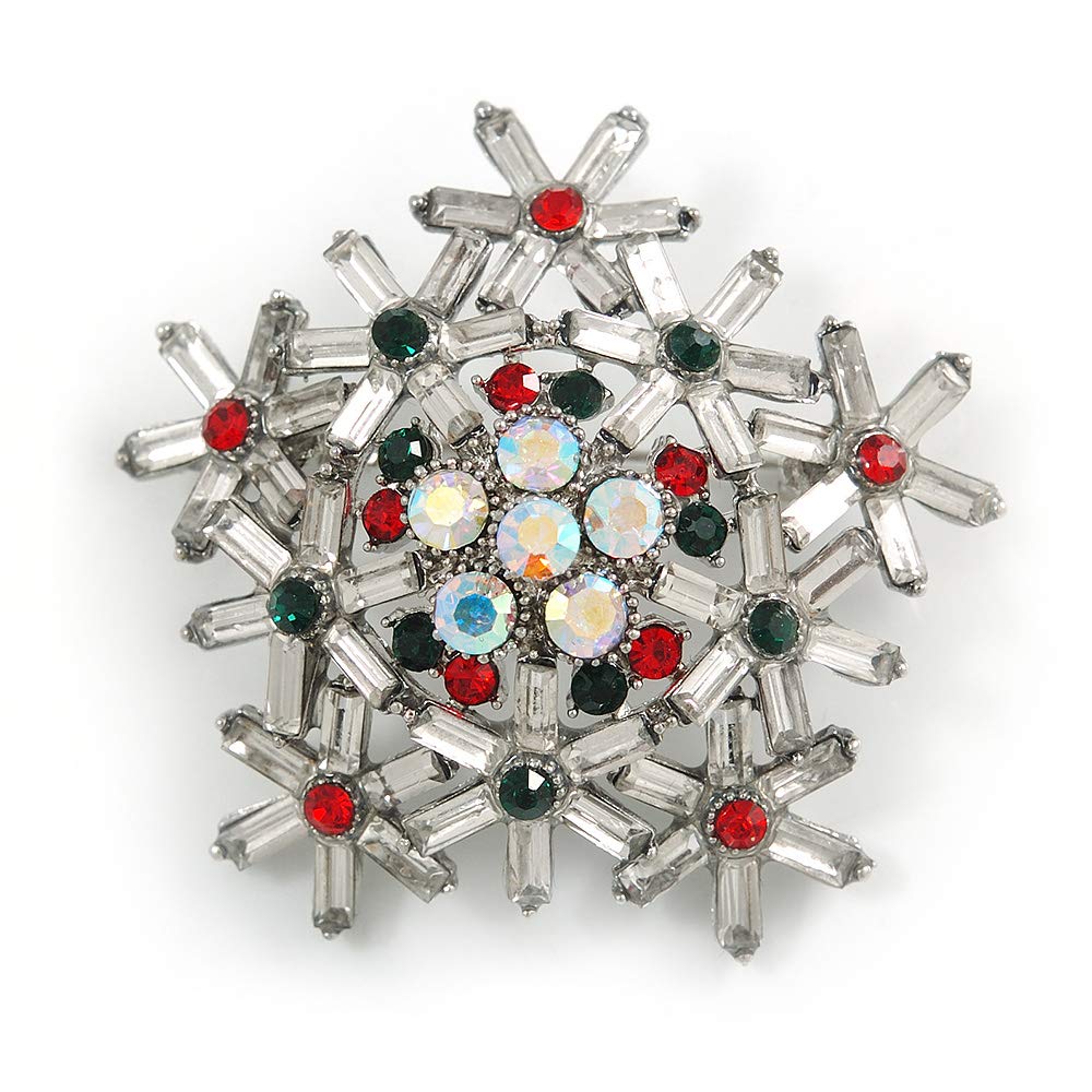 Christmas Crystal Snowflake Brooch In Silver Tone Metal (Red/Green/AB/Clear) - 45mm Across