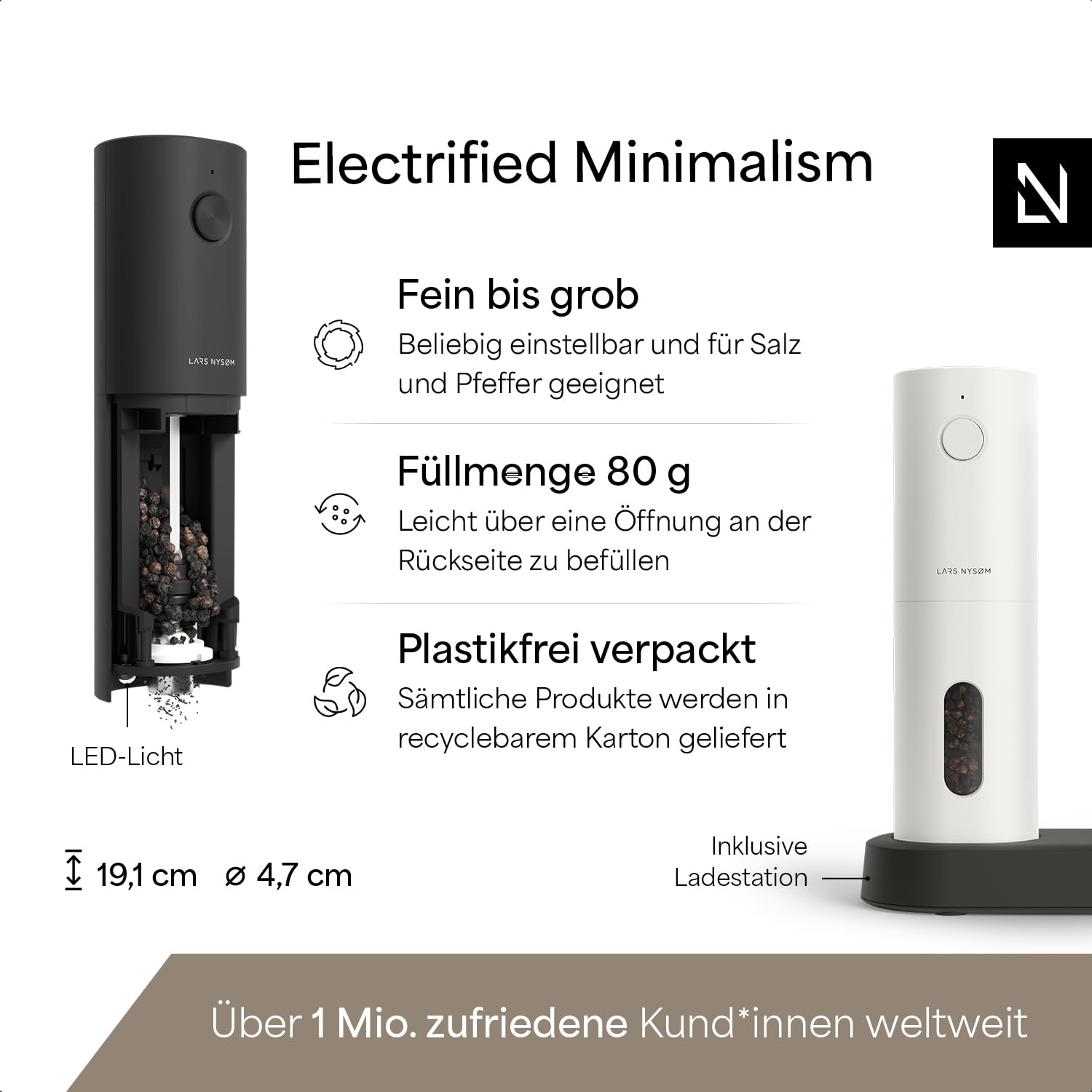 LARS NYSØM Salz und Pfeffermühlen Elektrisch Set I Keramikmahlwerk fein bis grob I USB Wiederaufladbar mit Ladestation I Automatische Salz und Pfefferstreuer I Gewürzmühlen Set (Black/White) 4