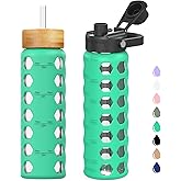 MUKOKO Glass Water Bottles, 24oz Glass Tumbler with Straw, Drinking Bottles with 2 Lids-Handle Spout Lid&Bamboo Straw Lid, Motivational Water Bottle with Time Marker and Silicone Sleeve, 1 Pack-Green