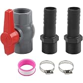 PVC Ball Valve for Hose Connector for Irrigation Systems, 1 Inch and 1 1/4 Inch Shut-Off Valve for Barbed Fittings, Hose Clamps and Sealing Tape Included