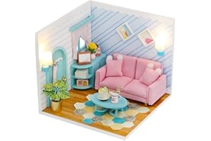 Kisoy Dollhouse Miniature with Furniture Kit, DIY 3D Wooden DIY House Kit A Corner of a Small Apartment Style with Dust Cover & LED,Handmade Tiny House Toys for Kids Adults Gift (Living Room)