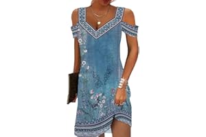 FULLVEB Summer Casual Cold Shoulder Dresses for Women 2024 Trendy Boho Ethnic Floral Tribal Marble Print V Neck Mini Dress