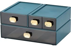 OSteed Spacious Desktop Storage Box, 1 Large 1 Middle & 2 Small Storage Drawers, Stackable Office Desk Drawer Organizer and Accessories, Printer Paper Organizer, Blue Plastic Drawers for Workspace