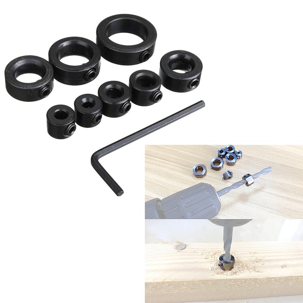 zalati Drill Stop Kit 8pcs Bit Collar Drill Depth Stopper Set with Hexa Wrench for Drill Positioning Depth Limitation