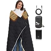 tomilk Heated Blanket Battery Operated with Detachable Hood for Camping, 12V Cordless Wearable Blanket with 15000mAh Battery, Camping Blanket Throw Shawl Indoor Outside(Black)