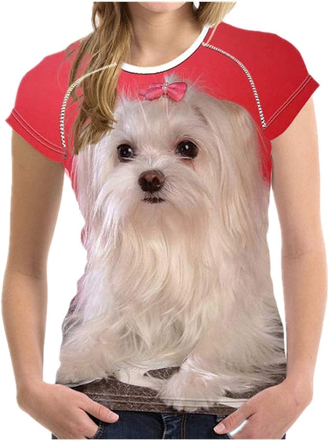 N\P Maltese Dog Print Women Short Sleeve T Shirt Summer