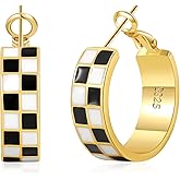 Senteria Checkered Silver Hoop Earrings for Women Hypoallergenic 925 Sterling Silver Hoop Earrings Lightweight Chunky Hoops Earring Black White Enamel Checkered Earring for Women 25/30/40MM