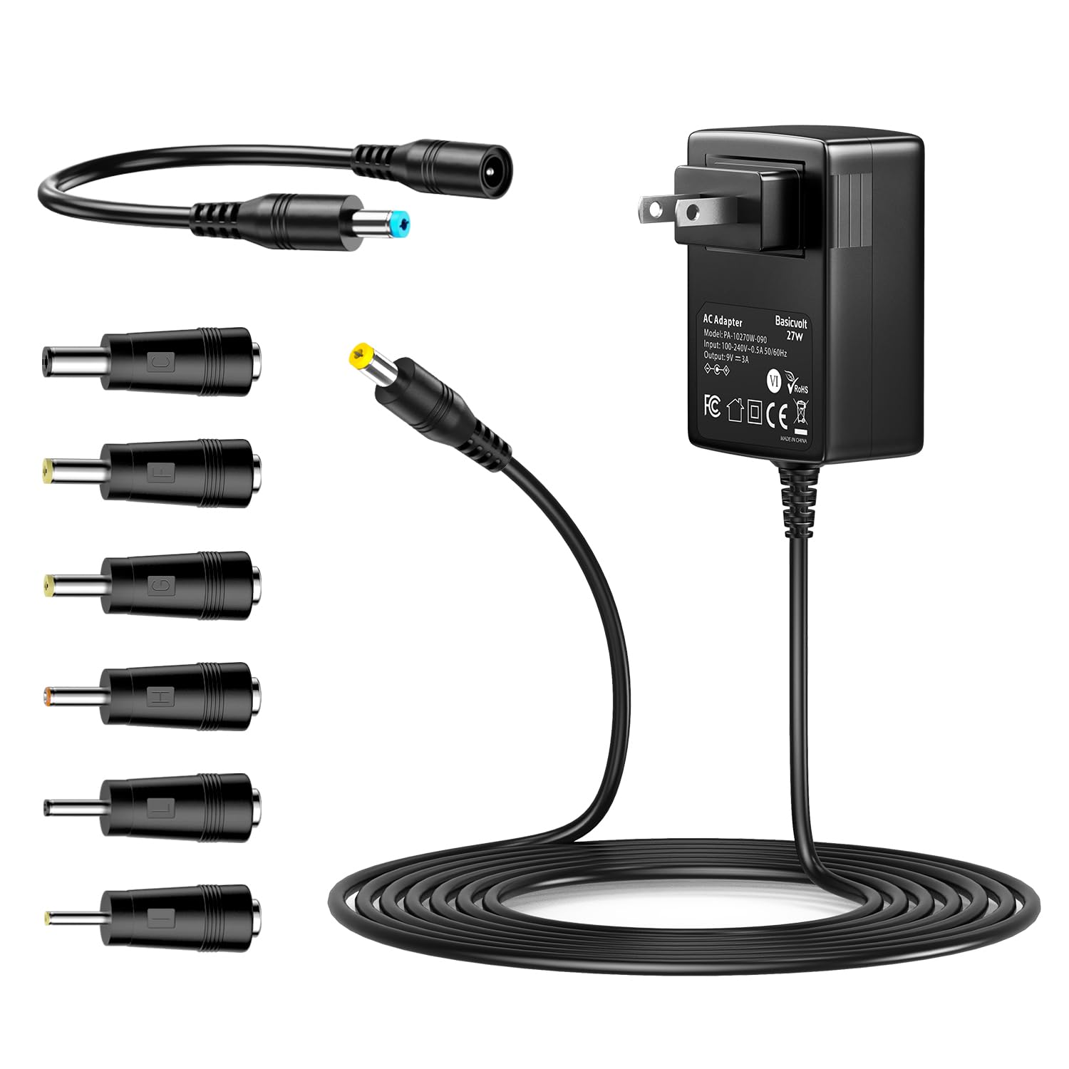 Photo 1 of Basicvolt 9V 3A 2.5A 2A 1A AC DC Power Adapter 27W 9V 3000mA 2500mA 2800mA Power Supply Cord Wall Charger for 9 Volt Electronics 3Amp Max