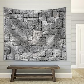Old Gray Stone Wall, Seamless Background Photo Texture - Fabric Wall Tapestry Home Decor - 51x60 inches