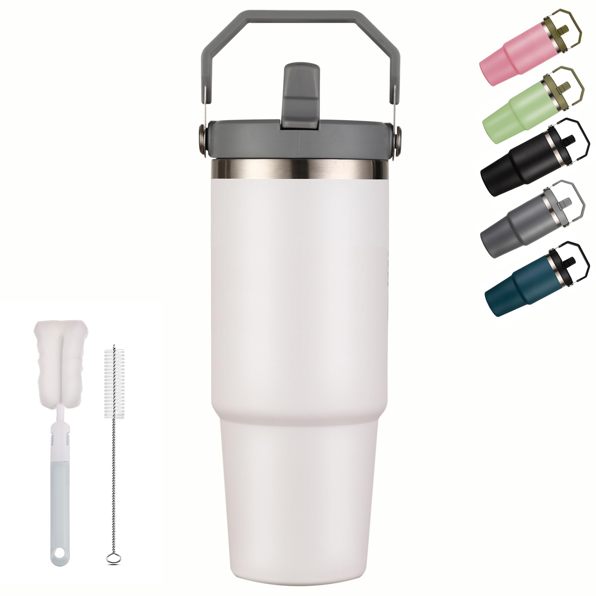 XIXIAMI Travel Mug with Handle 900ml-30oz Insulated Tumbler with Straw & Lid Leakproof Coffee Mug for Hot or Iced Drink |Stainless Steel Thermal Cup-White