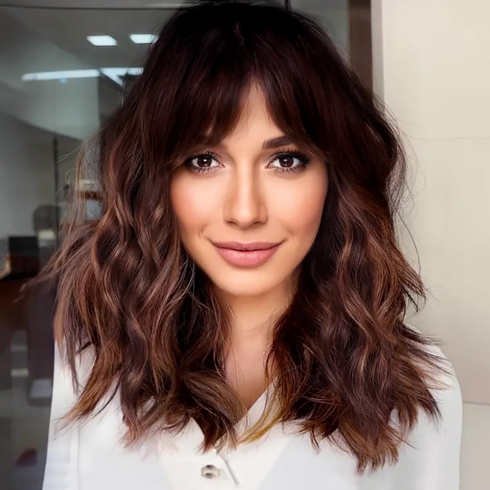 Colorfulpanda Medium Brown Short Bob Wigs for Women Wavy Wigs with Fringe Natural Heat Resistant Synthetic Hair for Daily Use and Cosplay 16 inch — image 1