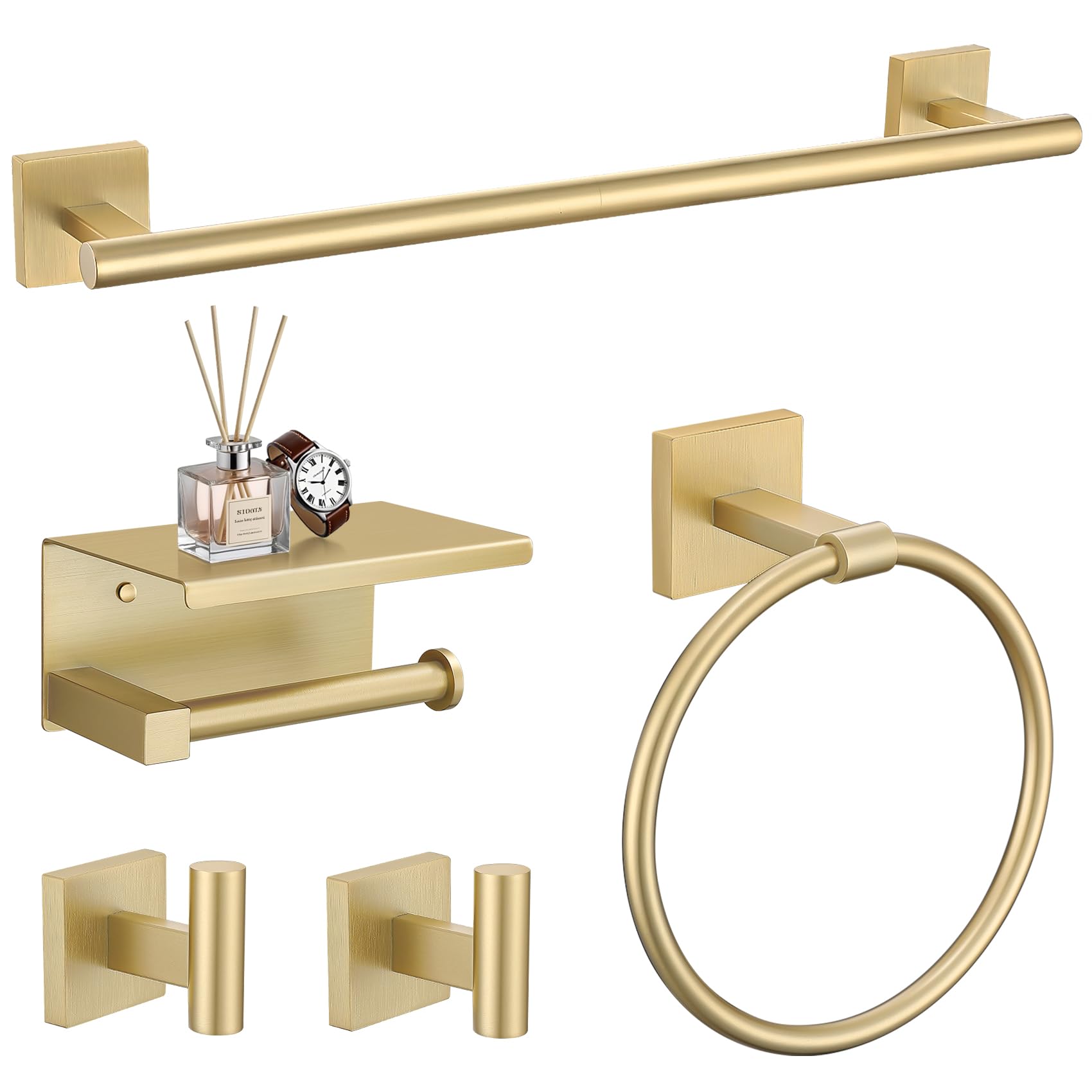 Photo 1 of ***Missing items***TURS 5-Pieces Brushed Gold Bathroom Hardware Set 23.6 Inch SUS304 Stainless Steel Towel Bar Set Wall Mounted Square Toilet Paper Holder with Shelf***Missing items***