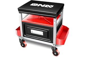DNA Motoring TOOLS-00198 Adjustable Height Mechanics Roller Seat Creeper Stool With Padded Cushion, Tool Storage Drawer & Tray, 350 Lbs Max Weight Capacity