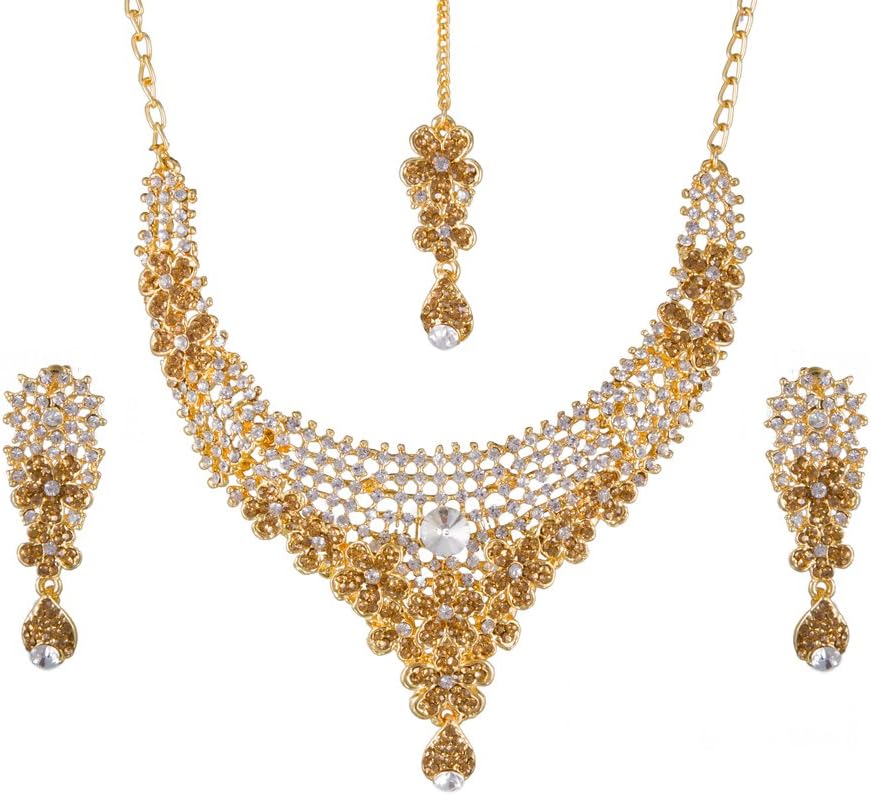 APARAGold plated Austrian Diamond Necklace set with Maang Tikka For Women