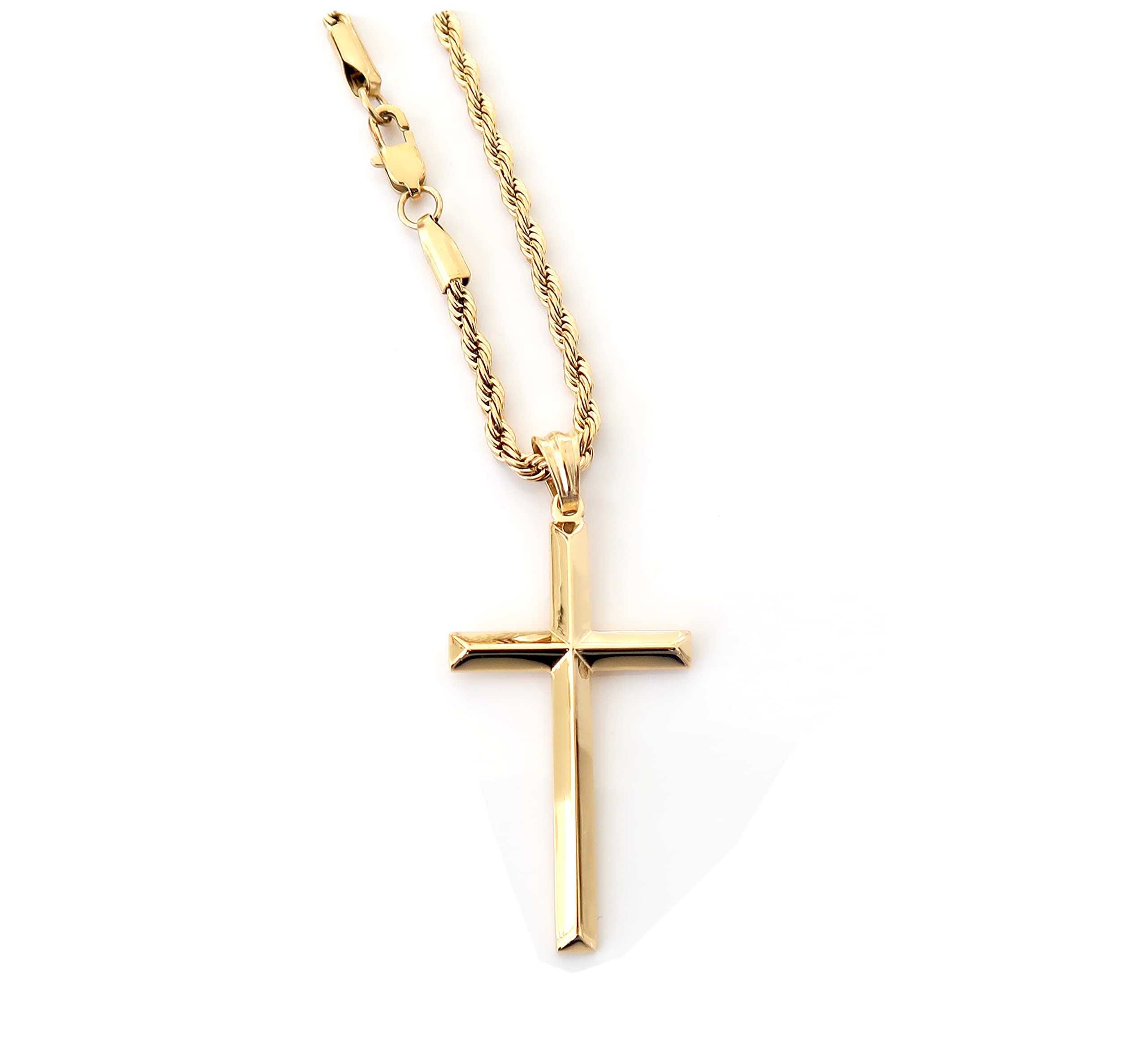 Lifetime Bling 14ct Rope Gold Chain Cross Pendant Necklace for Men, Husband thin 14k Diamond cut w/real strong Solid Clasp Religious Bevel Edge. (18)