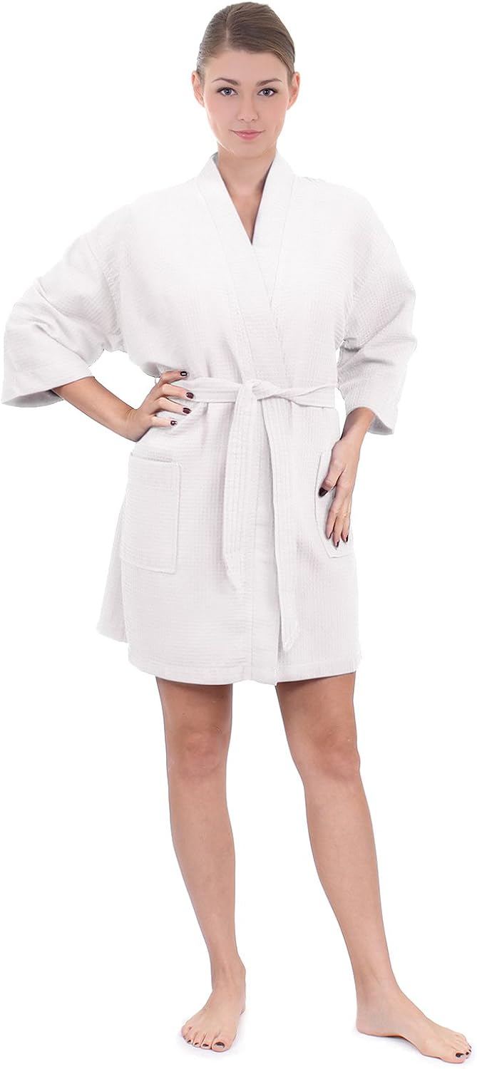 Women's Knee Length Waffle Weave Kimono Bathrobe, Short Spa Robes