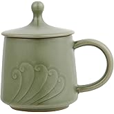 Tingyework Porcelain Wave Tea Cup with Lid, 11 oz Ceramic Tea Mug Coffee Cup, Microwave Dishwasher Safe, Christmas Gifts, Chinese Celadon (Kiwi Green)