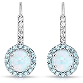 Sterling Silver Synthetic White Opal & Simulated Gemstone Round Halo Leverback Earrings