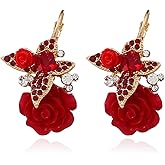 Vintage Bohemian Rose Flower Butterfly Dangle Drop Earrings,Dainty Creative Resin Acrylic Butterfly Flower Three-Dimensional Lever Earrings Wedding Brides Ear Jewelry